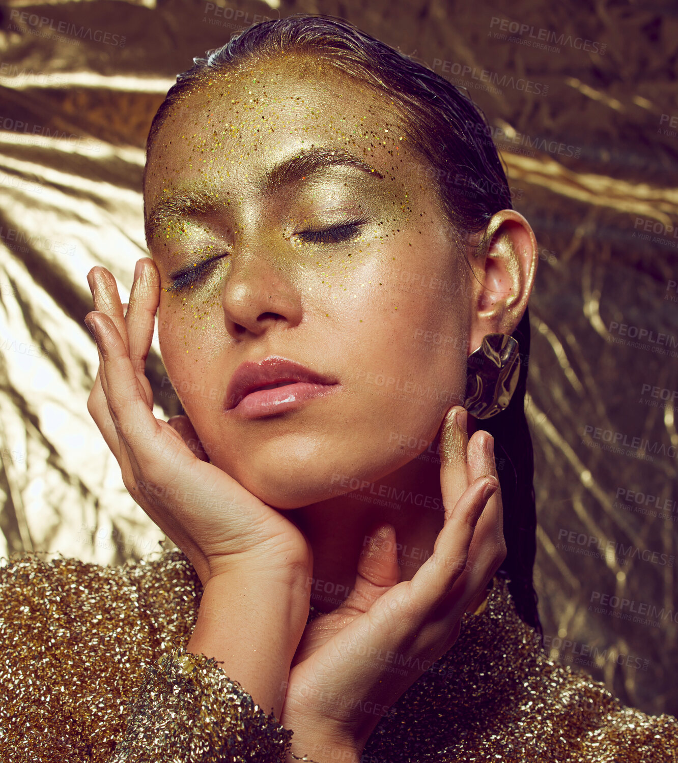 Buy stock photo Gold, woman model and beauty sparkle of a female with makeup and cosmetic glitter. Creative fashion, cosmetics and yellow face glow of a young person with eyeshadow art shimmer and golden sparkles