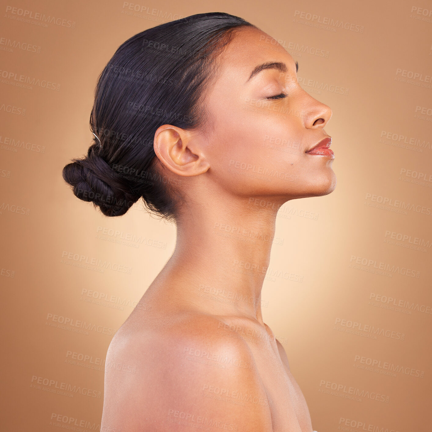 Buy stock photo Beauty, makeup and profile of Indian woman for skincare, wellness and facial treatment in studio. Dermatology, luxury spa mockup and isolated face of girl with healthy skin, cosmetics and confident