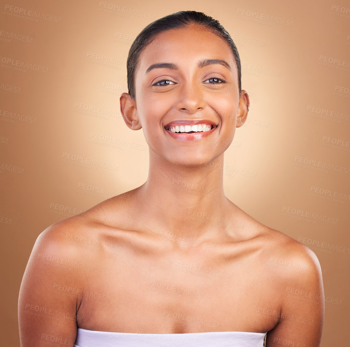 Buy stock photo Skincare, smile and portrait of Indian woman for beauty, healthy skin and facial treatment in studio. Dermatology, luxury spa and face of happy girl confident with makeup, cosmetics and wellness