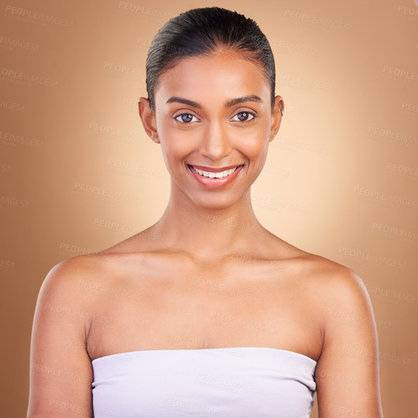 Buy stock photo Skincare, beauty and portrait of Indian woman with smile for wellness, natural skin and facial treatment in studio. Dermatology, luxury spa and face of happy girl with makeup, cosmetics and confident