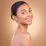 Skincare, beauty and portrait of Indian woman with smile for wellness, healthy skin and facial treatment in studio. Dermatology, luxury spa and face of happy girl with makeup, cosmetics and confident