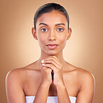 Skincare, spa beauty and woman portrait in a studio for wellness and dermatology. Cosmetics, model and facial glow of a young person self care, makeup and healthy face shine from cosmetology