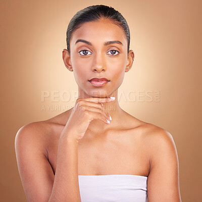 Buy stock photo Skincare, natural beauty and woman portrait in a studio for wellness and dermatology. Cosmetics, model and facial glow of a young person self care, makeup and healthy face shine from cosmetology