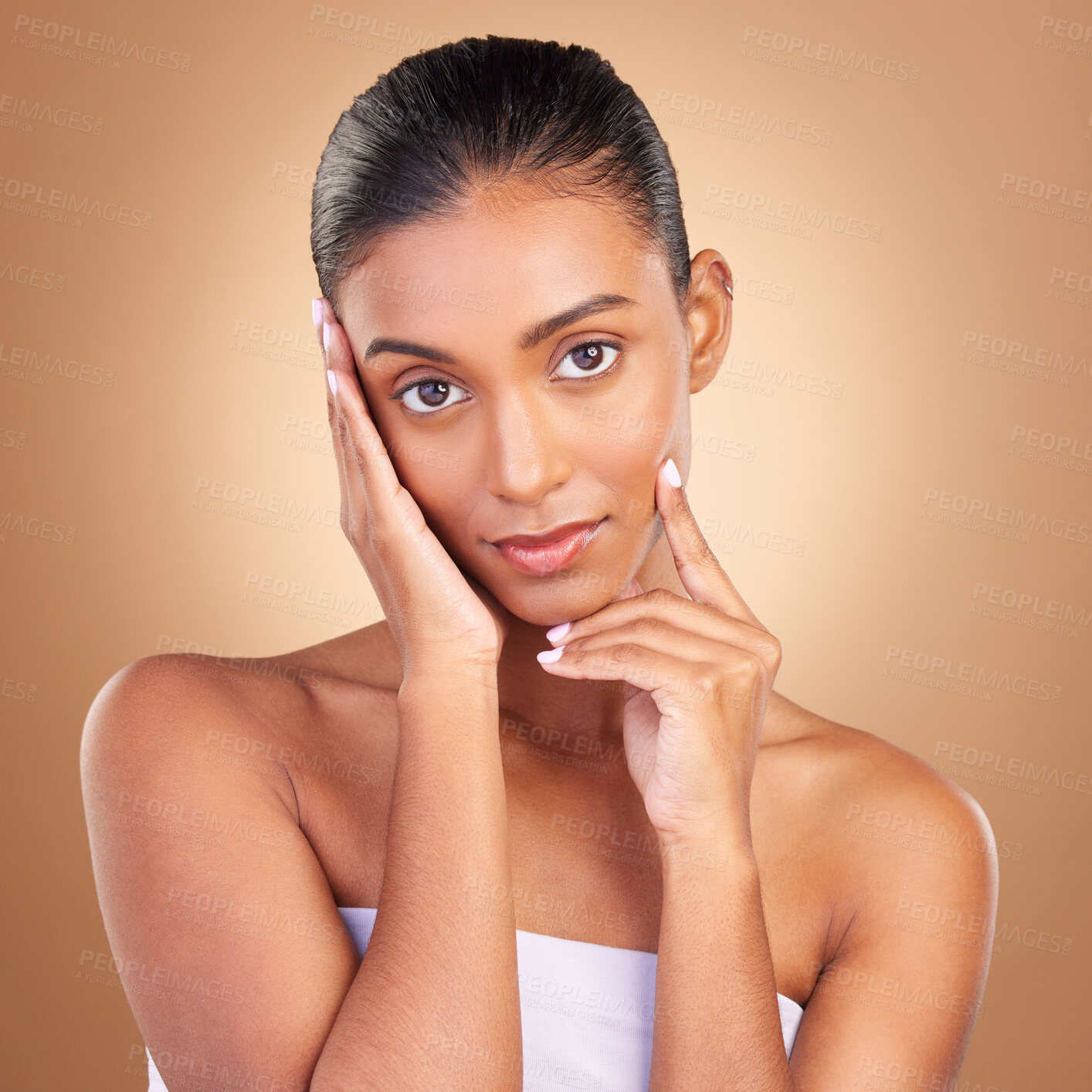 Buy stock photo Skincare glow, natural beauty and woman portrait in a studio for wellness and dermatology. Cosmetics, model and facial of a young person self care, makeup and healthy face shine from cosmetology