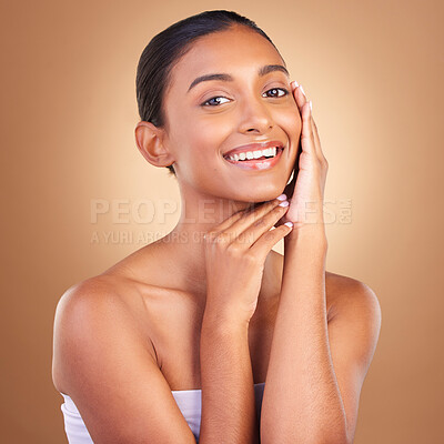 Buy stock photo Beauty, skincare and relax with portrait of indian woman in studio for happy, spa and facial. Cosmetics, self care and glow with model on brown background for satisfaction, natural and confidence