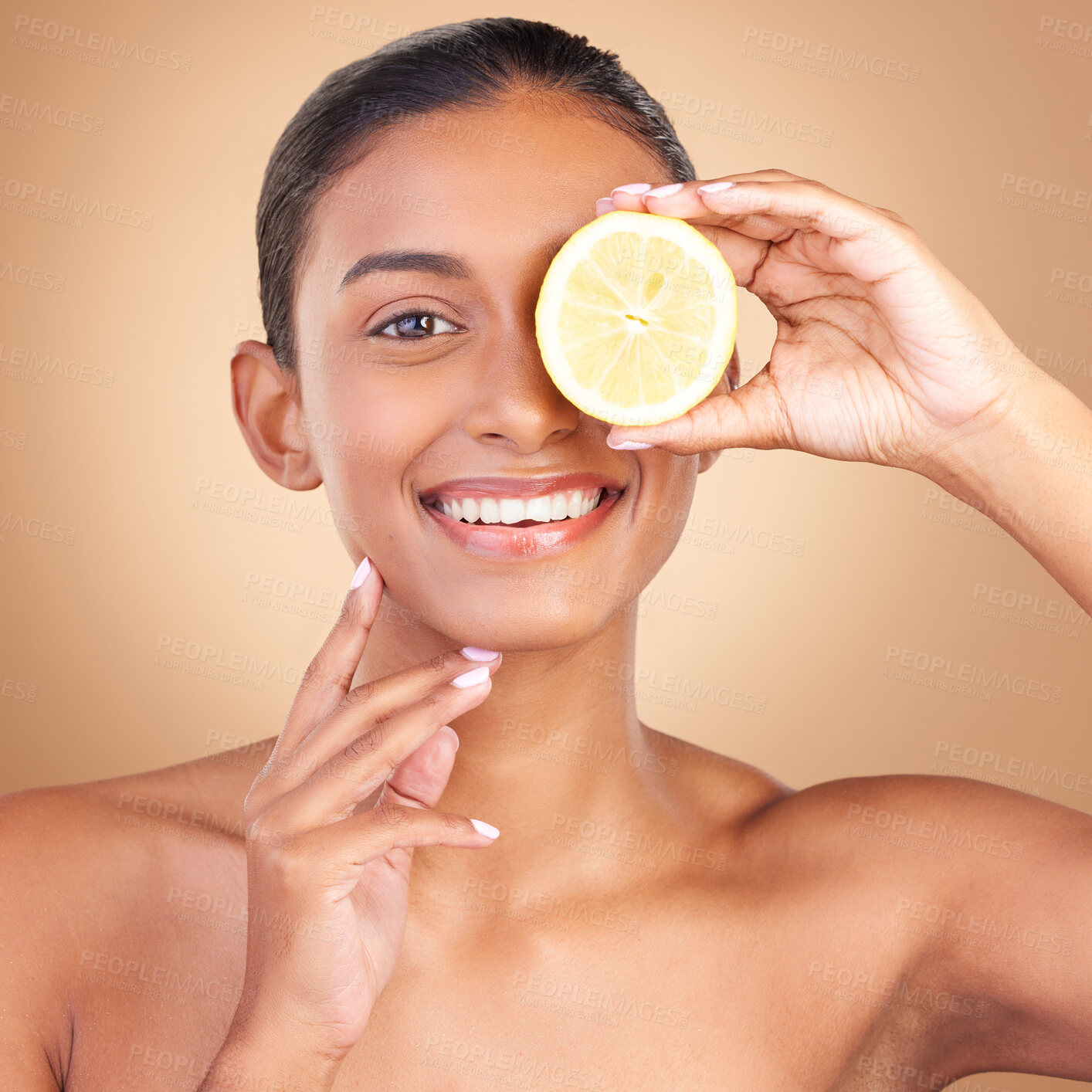 Buy stock photo Skincare, woman portrait and lemon glow for health, wellness and beauty of a young model with happiness. Studio, smile and healthy fruit with vitamin c and fruits nutrition for facial and dermatology