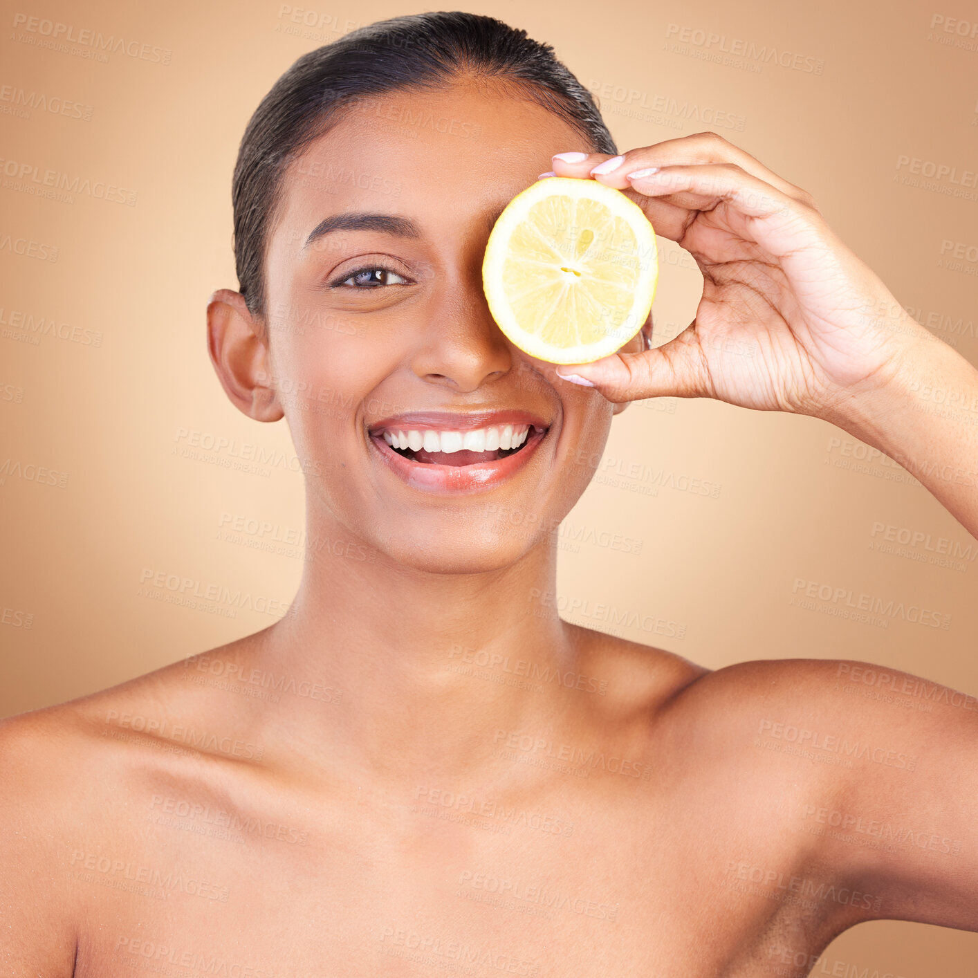 Buy stock photo Skincare, lemon and portrait of a woman with health, wellness and beauty of a young happy model. Studio, smile and healthy fruit with vitamin c and diet nutrition for facial and spa dermatology