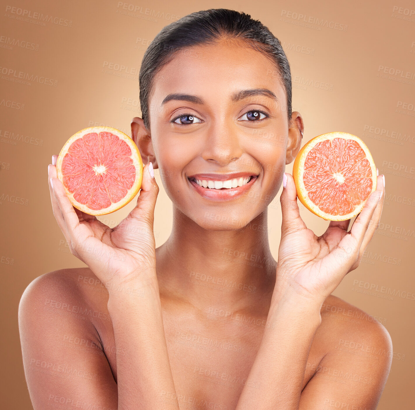 Buy stock photo Skincare, woman smile portrait and grapefruit for health, wellness and beauty of a young model with happiness. Studio, detox and healthy fruit with vitamin c and nutrition for facial and dermatology