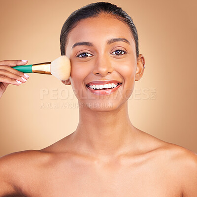 Buy stock photo Makeup brush, smile portrait and woman with natural beauty, wellness and happiness from cosmetics. Facial skin glow, happy and cosmetic tool of a young female model with self care in a studio