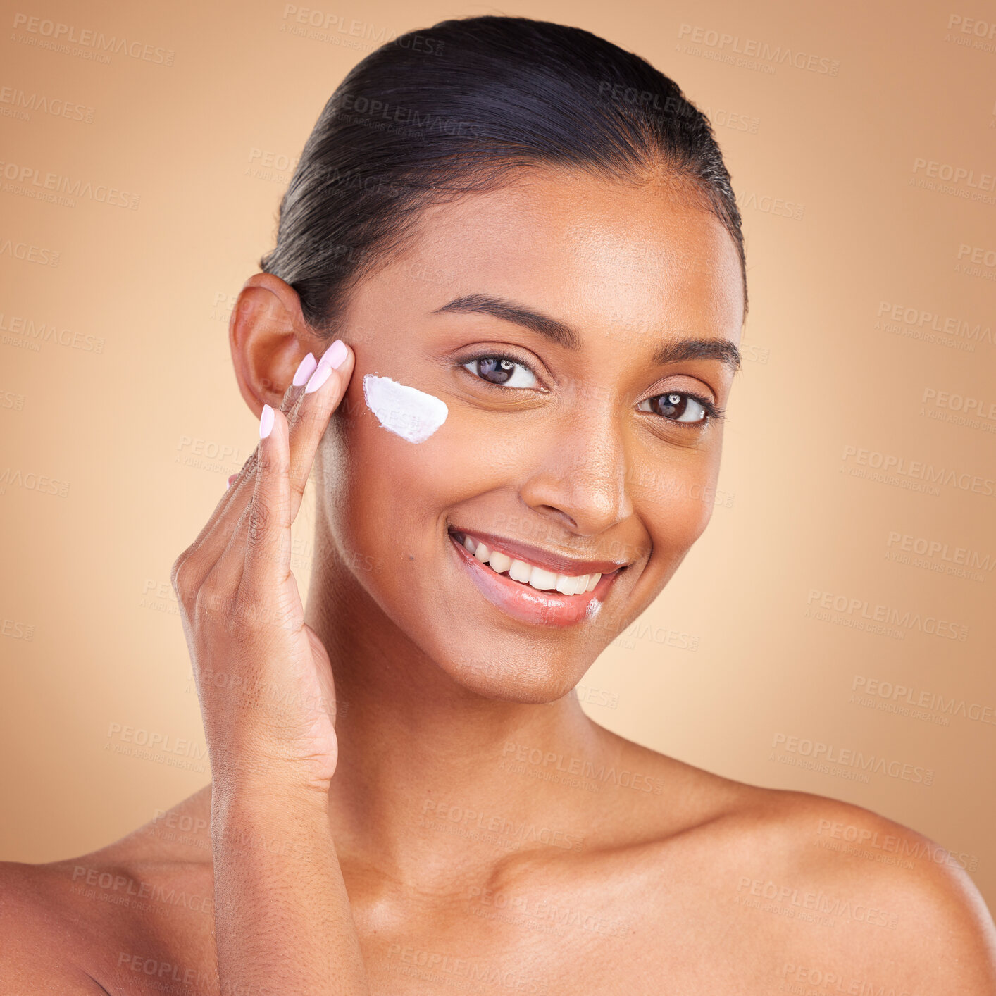 Buy stock photo Skincare, sunscreen and portrait of a happy woman with cosmetic and spa cream. Isolated, studio background and young model with a smile from face cleaning, cosmetics and dermatology facial product