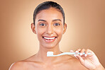 Woman, smile in portrait with teeth and toothbrush, cleaning with oral hygiene product isolated on studio background. Happy female, orthodontics and dental with mockup space, health and toothpaste