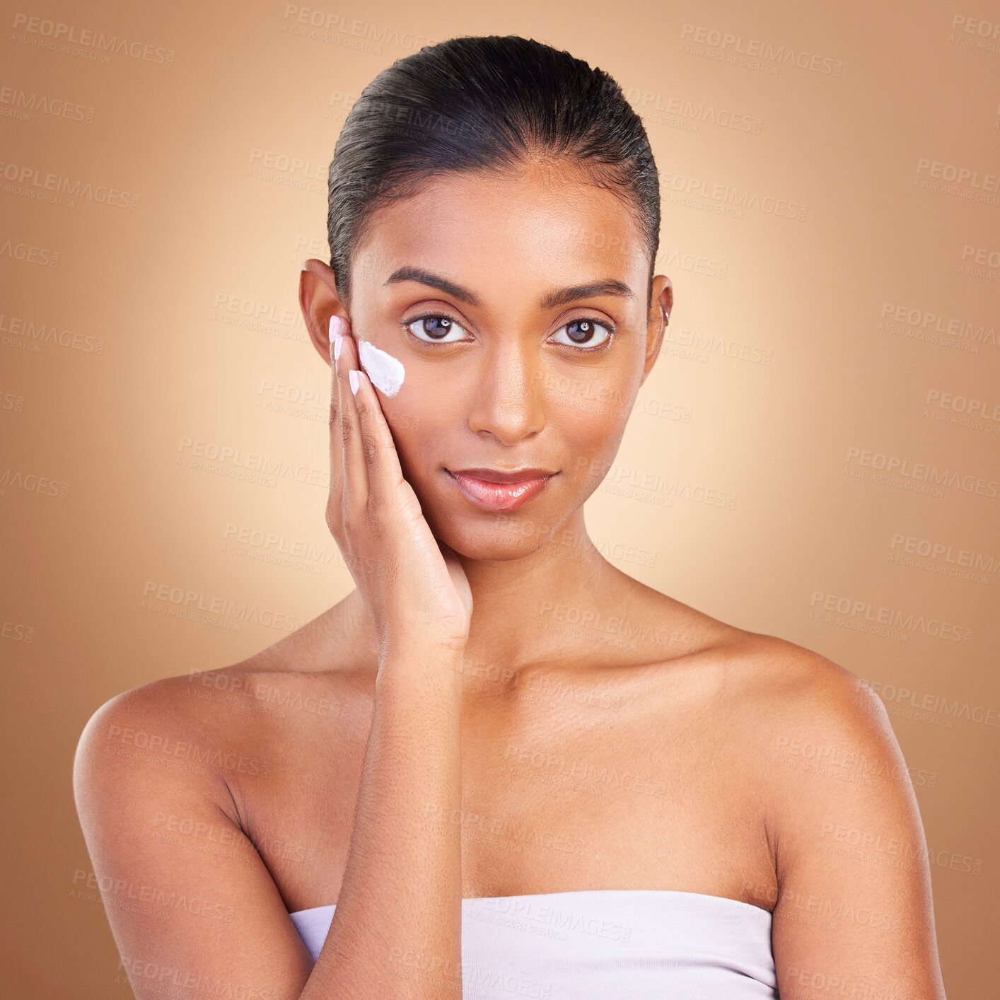 Buy stock photo Skincare, beauty cream and portrait of a healthy woman with cosmetic and spa lotion. Isolated, studio background and young model with sunscreen for face cleaning, cosmetics and dermatology facial 