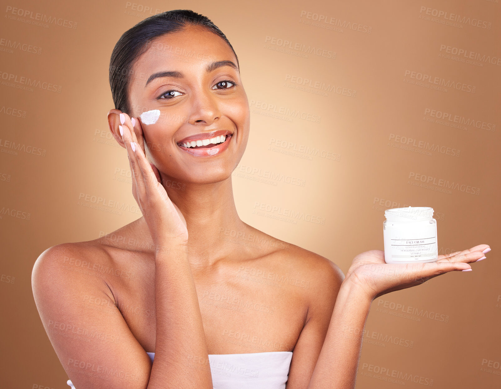 Buy stock photo Skincare beauty, sunscreen product and portrait of a happy woman with cosmetic and spa cream. Isolated, studio background and young model with a smile from face cleaning, cosmetics and dermatology