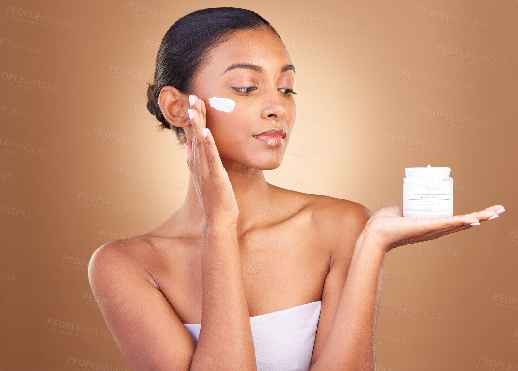 Buy stock photo Skincare product, sunscreen and wellness of a relax woman with cosmetic and spa cream. Isolated, studio background and young model with beauty from face cleaning, cosmetics and dermatology facial 