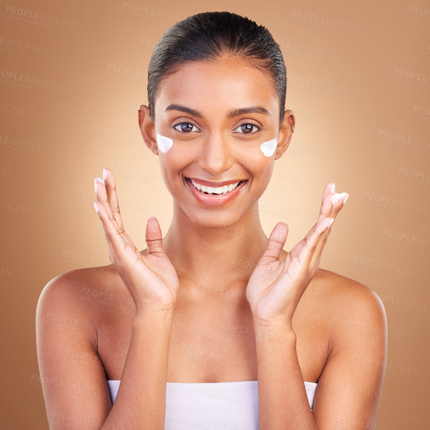 Buy stock photo Skincare, sunscreen and portrait of a happy woman with cosmetic and spa cream. Isolated, studio background and young model with a smile from beauty cleaning, cosmetics and dermatology facial product