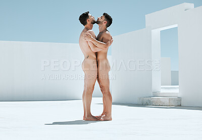 Buy stock photo Art, creativity and naked men hugging in pose, embrace and sun, Greek architecture and photography with lgbt love. Creative pride aesthetic, artistic passion and nude gay couple with athletic body.