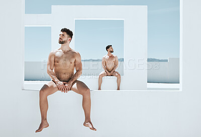 Buy stock photo Art, pose and naked men sitting in creative architecture, sun and blue sky, muscle and athletic lgbt body. Pride, gay models posing as nude Greek athlete in and freedom in artistic self expression.