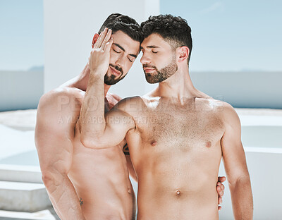 Buy stock photo Art, embrace and pride, topless men posing together in sun and art deco photography with lgbt love. Creative aesthetic, artistic passion and romance, gay couple with athletic body in romantic pose.
