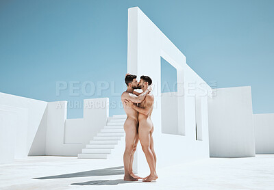 Buy stock photo Art, creativity and kiss, naked men together in lgbt embrace with sun, Greek architecture and photography. Creative pride, artistic body hug and aesthetic love, nude gay couple kissing with blue sky.