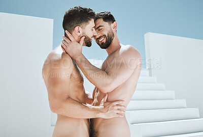 Buy stock photo Art, nudity and smile, gay couple embrace and kiss in sun with Greek architecture, photography and lgbt love. Creative aesthetic, artistic passion and pride, naked men with athletic body and blue sky