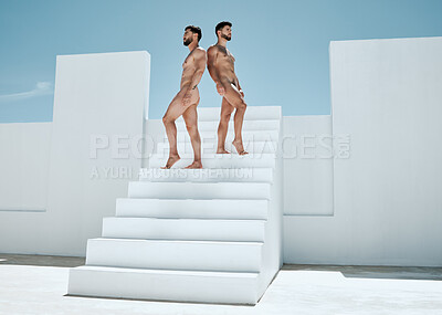 Buy stock photo Posing, artistic and men on stairs in the nude for creativity, modeling and sensuality. Standing, looking and macho naked guys on steps for art, creative expression and freedom in nudity together