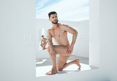 Buy stock photo Man model, naked statue and art deco frame of a male posing outdoor for fine and lgbt artwork. Architecture, nude and live greek statues with a person with power and homosexual figure for creativity