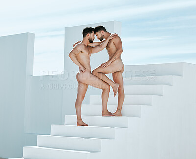 Buy stock photo Art, creativity and naked gay couple embrace on stairs with blue sky, Greek architecture and romantic statue pose. Creative pride aesthetic, artistic passion and lgbt love, athletic body and nude men