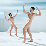 Art Pose And Naked Men In Sun Creative Architecture And Blue Sky Muscle Flex And Athletic