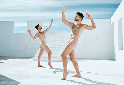Buy stock photo Art, pose and naked men in sun, creative architecture and blue sky, muscle flex and athletic lgbt body. Pride, power and gay couple posing as artistic Greek athlete statue, freedom in self expression