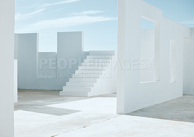 Buy stock photo Open space, building development and a site for construction, maintenance and home improvement. House, project and walls, stairs and the structure of an unfinished and empty house for architecture