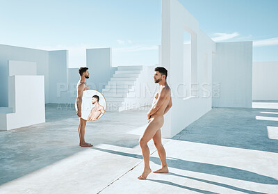 Buy stock photo Art, naked men in sun with mirror and reflection, creative architecture and sky with muscle and athletic lgbt body. Pride, power and gay couple posing as artistic Greek statue, freedom in self love.