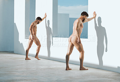 Buy stock photo Art, photography and naked men from the back, sun and shadow leaning on wall in creative architecture. Pride, power and lgbt body, gay couple in athletic Greek statue pose, freedom in self expression
