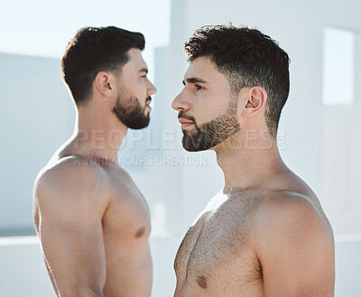 Buy stock photo Men, art deco and profile of a man showing homosexual, lgbtq and contemporary artwork. Creative, live statue and power of male couple of friends body with in a white open outdoor with artistic vision