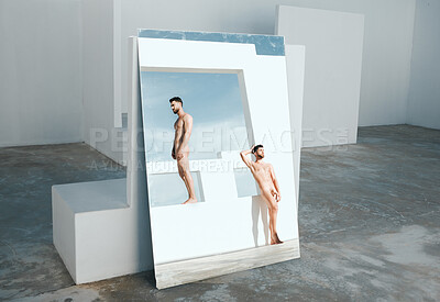 Buy stock photo Art, aesthetic and naked men in mirror, creative architecture and blue sky, muscle and lgbt body. Pride model, reflection and gay couple posing as artistic Greek statue with freedom in sun together.
