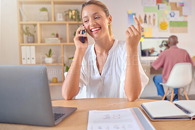 Buy stock photo Business woman, phone call and strategy talk of a worker in a office with communication networking. Happy, female and mobile planning with smile with professional information and creative work goals