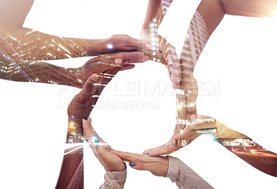 Buy stock photo Hands, circle and team with connection and support, city overlay and double exposure on white background. Collaboration, trust and flow with people in studio, together and solidarity with diversity