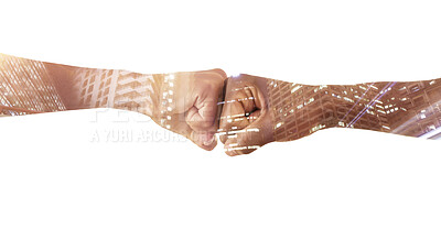 Buy stock photo Hands fist bump, city overlay and business people celebrate partnership, architecture development or collaboration. Realtor, studio teamwork and team building support isolated on white background