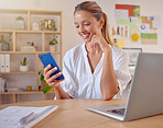 Phone, happy and search with woman in office for social media news, networking and connection. Internet, technology and planning with female reading for contact, communication and browsing online