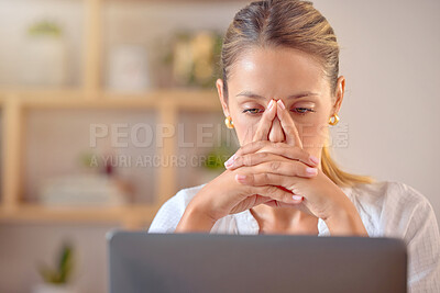 Buy stock photo Stress, thinking and laptop with woman in office for planning, proposal and research deadline. Email, anxiety and technology with female reading news online for headache, frustrated and 404 glitch