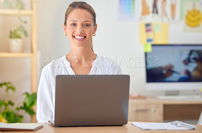 Buy stock photo Office, happy woman portrait and laptop of a fashion designer and stylist with a smile. Website, digital ecommerce analytics and design research of a young person working on style business app