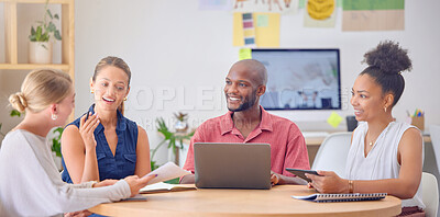 Buy stock photo Business people, startup meeting and discussion with laptop in office for planning, goal or teamwork. Group, diversity and support for black man, women or documents for proposal, solution or strategy