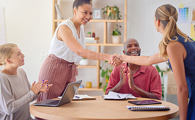 Buy stock photo Business people, startup meeting and handshake with applause in office for agreement, deal or success. Excited group, diversity or shaking hands with women, black man and b2b collaboration for goals
