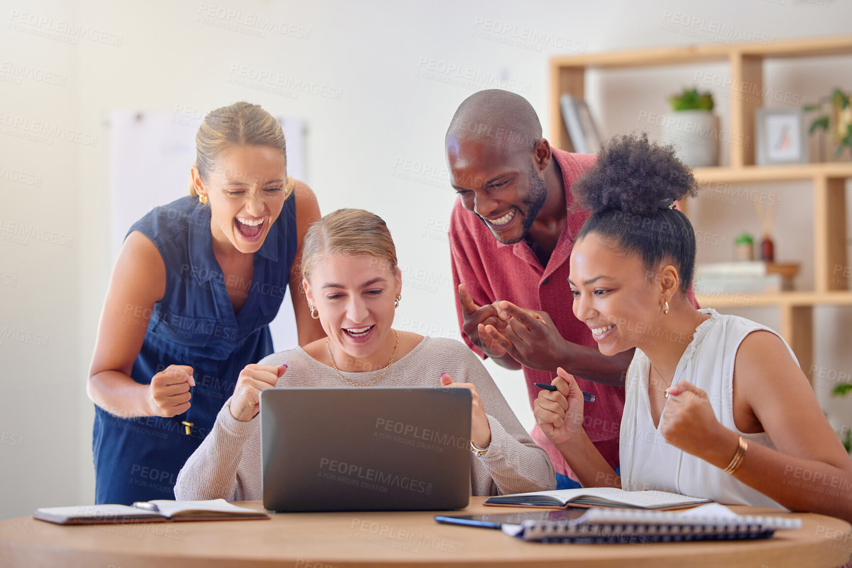 Buy stock photo Success, business team and laptop with celebration from management goal and kpi target. Diversity, office and computer work with collaboration and teamwork together feeling proud from a project