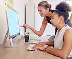 Manager, negative feedback and a business woman using a computer to work on a project in the office. Supervisor, review and an unhappy or confused boss talking to an employee about underperformance