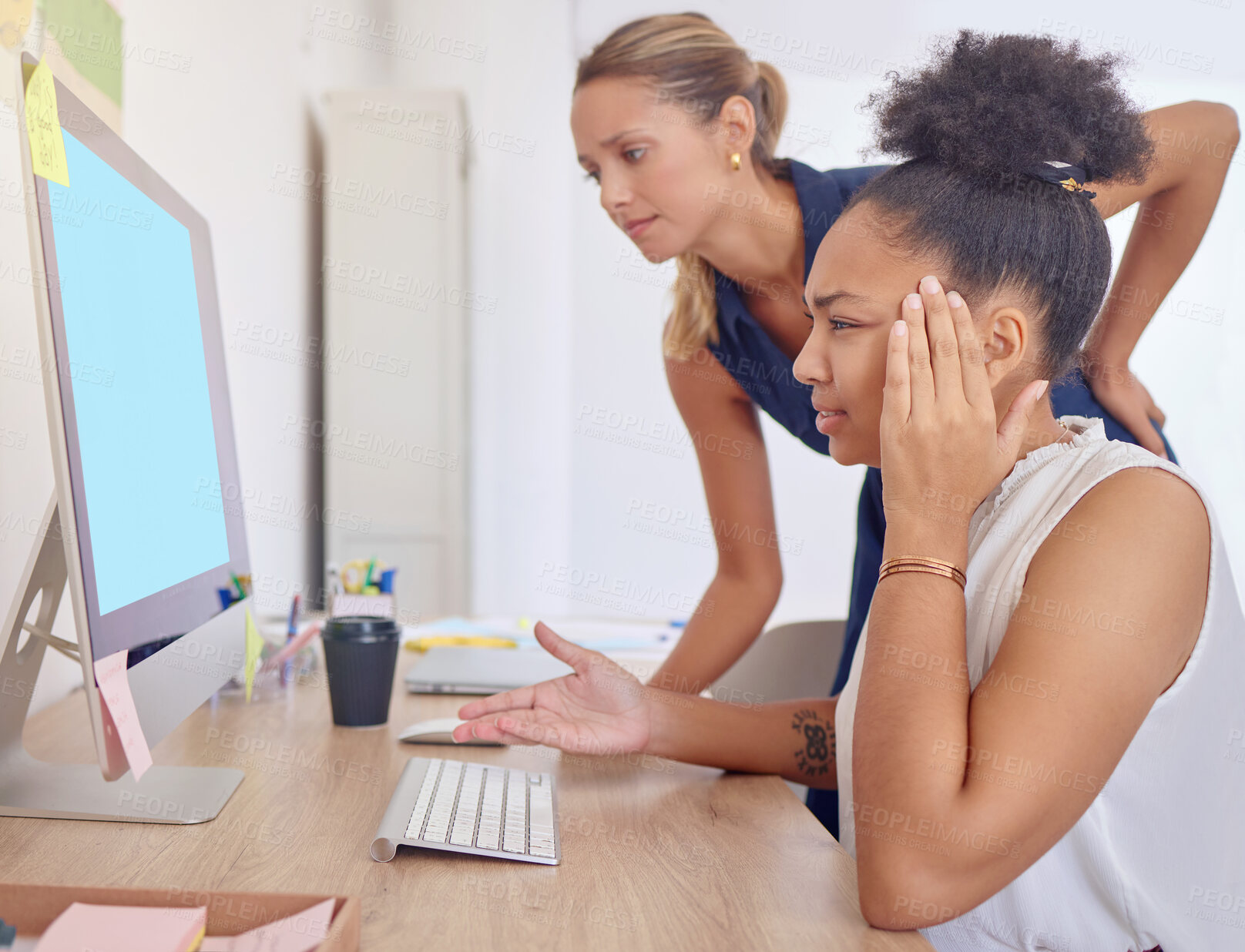 Buy stock photo Computer, mentor stress and business women, web designer or new employee overwhelmed with workload. Mental health problem, 404 glitch or person with training manager, coach and software system error 