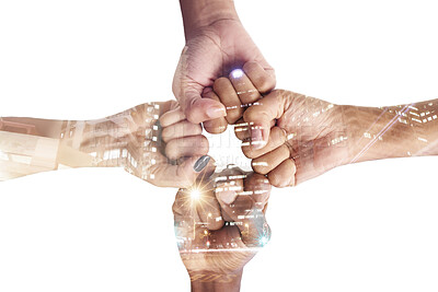 Buy stock photo Hands, fist bump and team with connection and support, city overlay and double exposure on white background. Collaboration, trust and people united in studio, together and solidarity with diversity