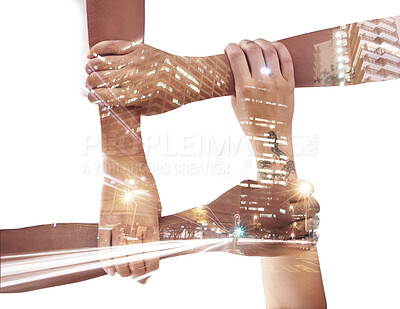 Buy stock photo Hands, link and team with connection and support, city overlay and double exposure on white background. Collaboration, trust and urban with people in studio, together and solidarity with diversity