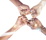 Hands, fist bump and team, together and support with city overlay and double exposure on white background. Collaboration, trust and people united in studio, connection and solidarity with diversity