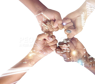 Buy stock photo Hands, fist bump and team, together and support with city overlay and double exposure on white background. Collaboration, trust and people united in studio, connection and solidarity with diversity