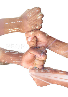 Buy stock photo Overlay, hands and collaboration with a team isolated on a white background in studio for solidarity. Fist, city and teamwork with a group of people stacking their fists in partnership or unity